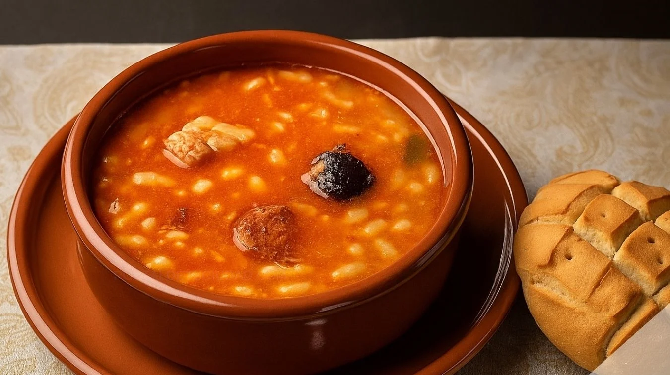 Alubias con morcilla y chorizo servidas en cazuela de barro, con pan