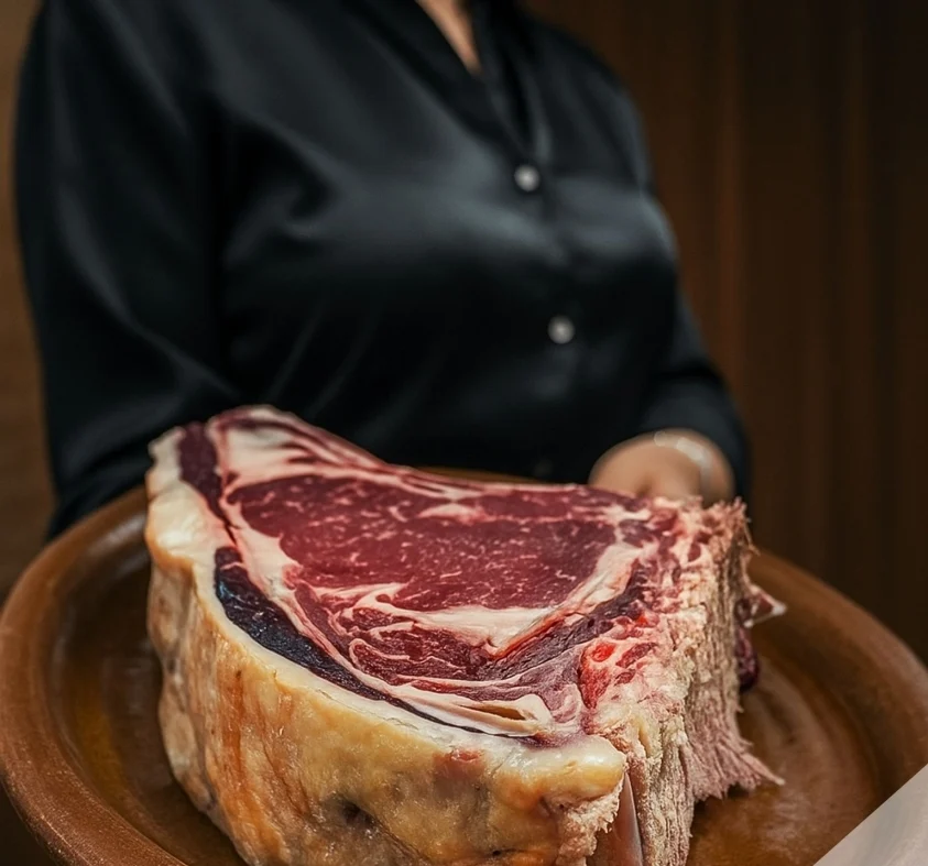 Chuleta de vaca con hueso, cruda, presentada en un plato de barro