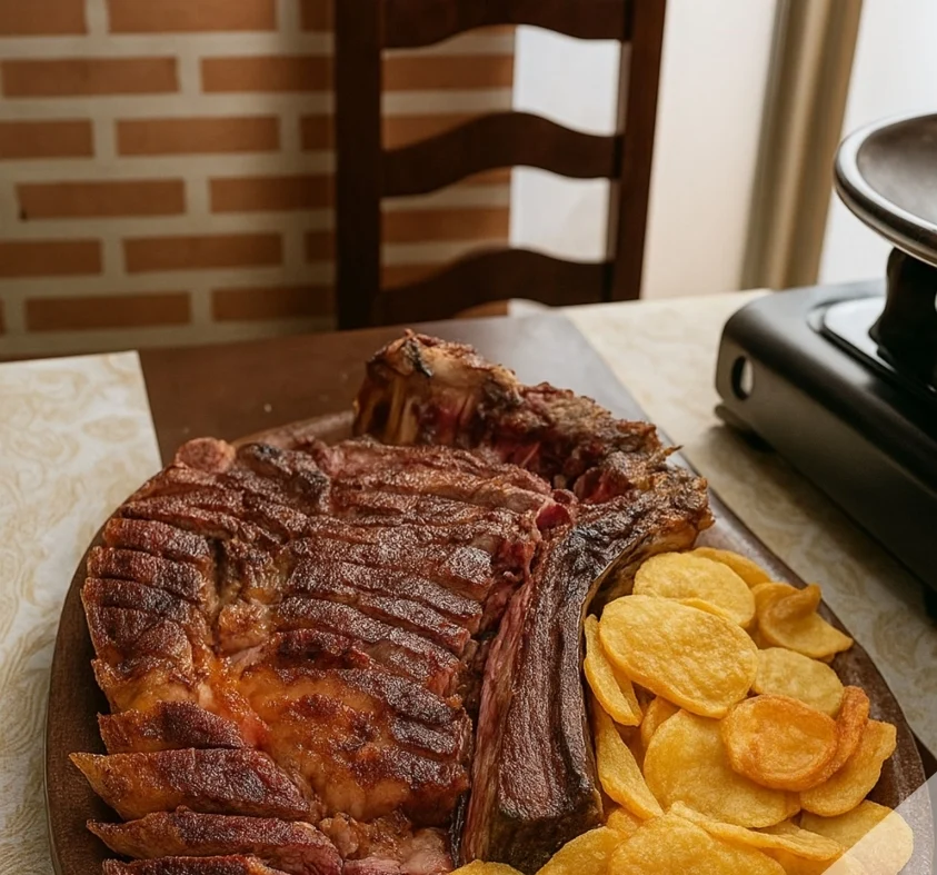 La chuleta ya hecha y cortada, servida en la mesa del comedor con patatas