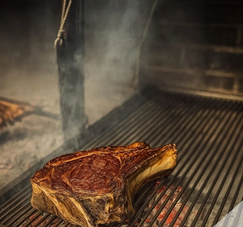 La chuleta sobre la parrilla del asador, con la brasa encendida debajo y humo