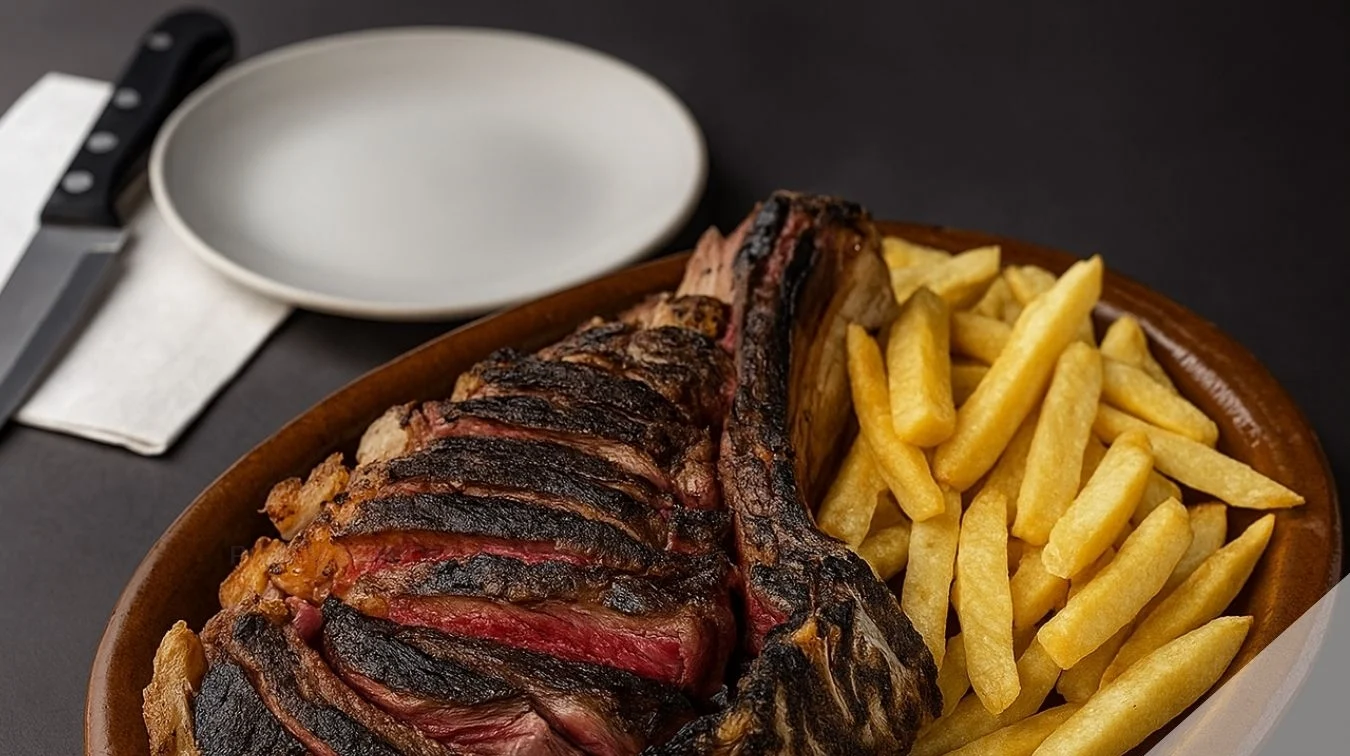 Chuletón de vaca frisona hecho a la brasa y cortado en tiras, servido con patatas fritas