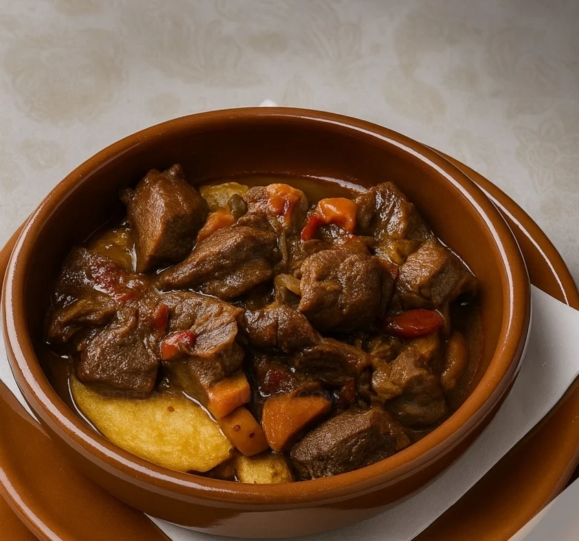 Guiso de carne con patata y zanahoria, servido en cazuela de barro
