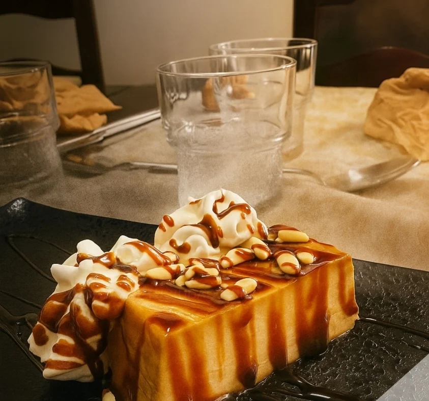 Tarta de cuajada, queso y piñones con caramelo, servida en pizarra