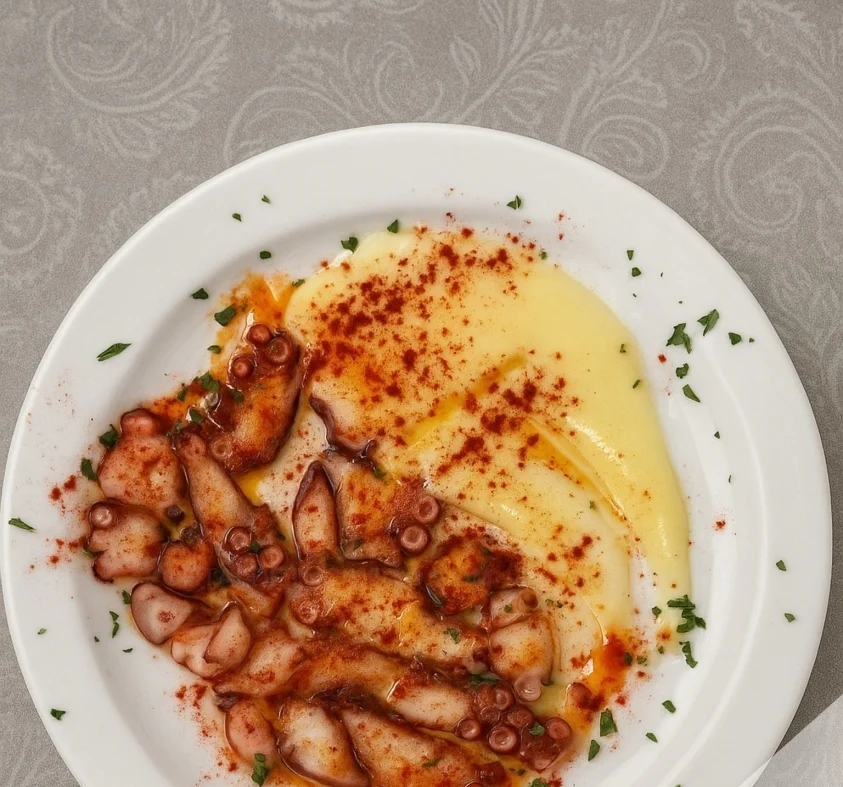 Pulpo a la brasa con crema de patata y pimentón
